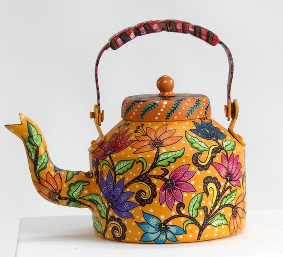 Recycled aluminum tea pot teapot hand painted with flower Etsy