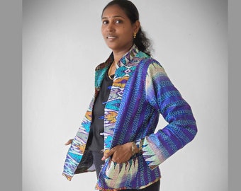 Giacca KIMONO corta MID SEASON da uomo o donna in giacca reversibile cucita a mano in seta kantha vintage