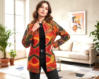 Abstrakte Baumwoll-Canvas-Jacke mit Knopfleiste, gefütterte Damenjacke, Boho-Ethno-Jacke mit aufgesetzten Taschen, stylisches Freizeit-Oberteil