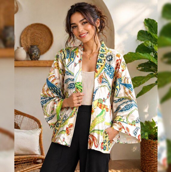 Kimono Jacket white Cotton Canvas Bird Print  – Handmade Short Robe with Pockets, Artistic Boho Open Front Jacket