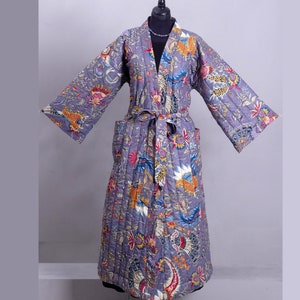 47 Printed cotton QUILTED DRESSING GOWN plain lined kimono robe padded grey robe big size dressing gown unisex image 5