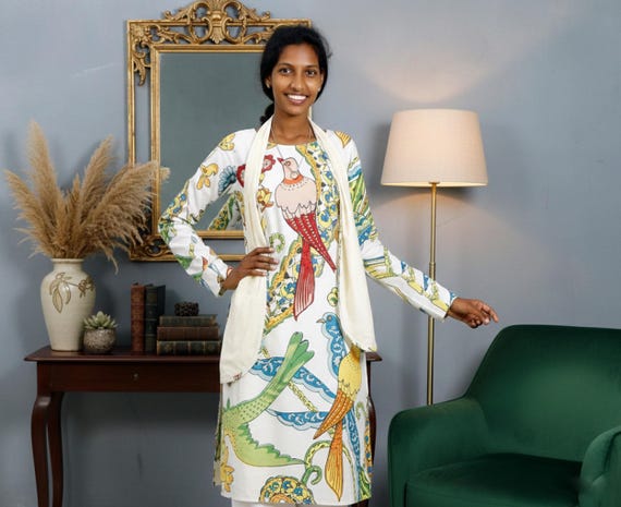 White Birds Print Cotton Midi Dress, Full Sleeve A-Line Dress, Side Open Dress, Lined Cotton Dress, Boho Vintage Casual Dress White Birds Print Cotton Midi Dress, Full Sleeve A-Line Dress, Side Open Dress, Lined Cotton Dress, Boho Vintage Casual Dress
