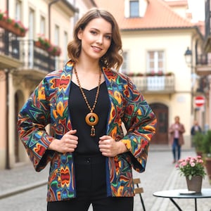 Peut inclure: Veste kimono colorée à motifs avec des accents bleus, orange et verts. La veste est portée sur un haut noir et un pantalon noir. Un long collier de perles en bois avec un pendentif circulaire est également visible.