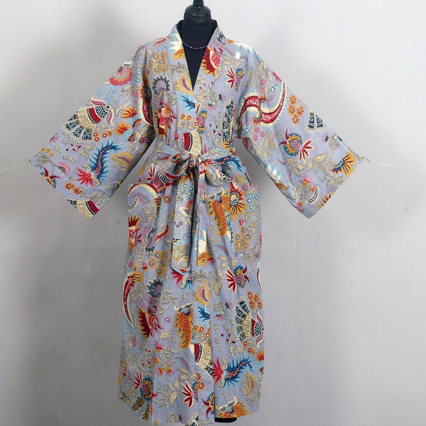 kimono robe de chambre gris et multicolore à dessins pailsley pour homme ou femme toutes tailles possible