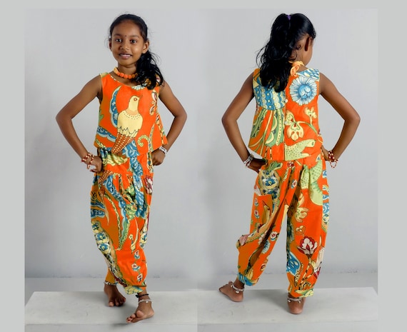 Ensemble debardeur et pantalon petite fille en coton orange imprime grands oiseaux double de coton uni Etsy Canada