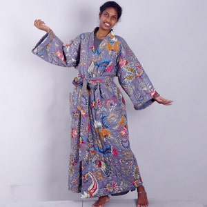 47 Printed cotton QUILTED DRESSING GOWN plain lined kimono robe padded grey robe big size dressing gown unisex image 3