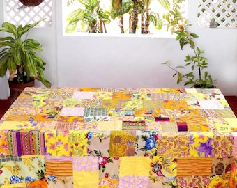 Yellow Rectangular tablecloth  - multicolored patchwork cotton lined plain color - edged with a 6 cm border