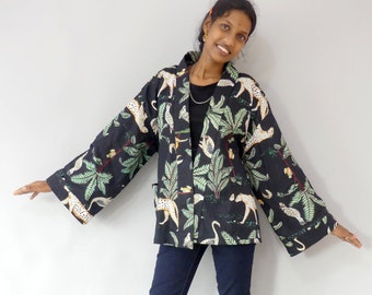 Short black jacket  in light cotton kimono collar with jungle animal print