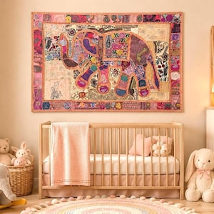 Handmade Elephant Wall Hanging, Indian Patchwork Tapestry, Boho Embroidered Textile Art, Colorful Fabric Wall Decor