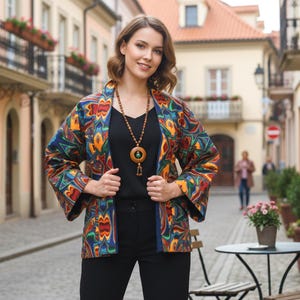 Chaqueta tipo kimono corta unisex para mujer, ligera, de algodón para verano, estilo bohemio y multicolor. Todas las tallas. Hecha a mano.