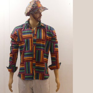 MEN'S SHIRT with long sleeves in digital printed cotton canvas with multicolored patchwork patterns