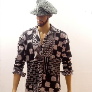 MEN&#39;S SHIRT with long sleeves in digitally printed cotton canvas with black and white patchwork patterns