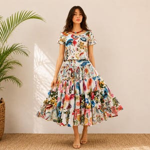 Boho Patchwork Tiered Midi Skirt |Colorful Floral Paisley Cotton Skirt | Elastic Waist Ruffle Skirt | Festival Cottagecore Skirt |90 cm Long
