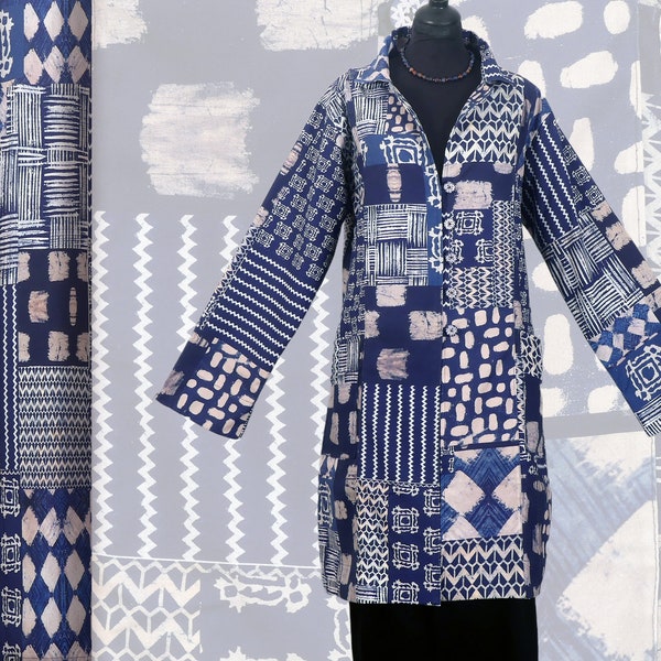 Manteau Trench court en toile de coton imprimé patchwork indigo double de coton uni assorti,blue