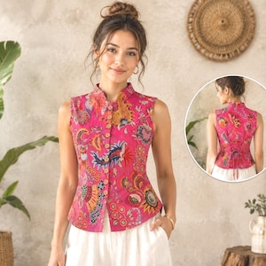 Boho Pink Sleeveless Cotton Top for Women | Mandala Print Summer Blouse | Mandarin Collar Button Front Tunic | Casual Resort Wear