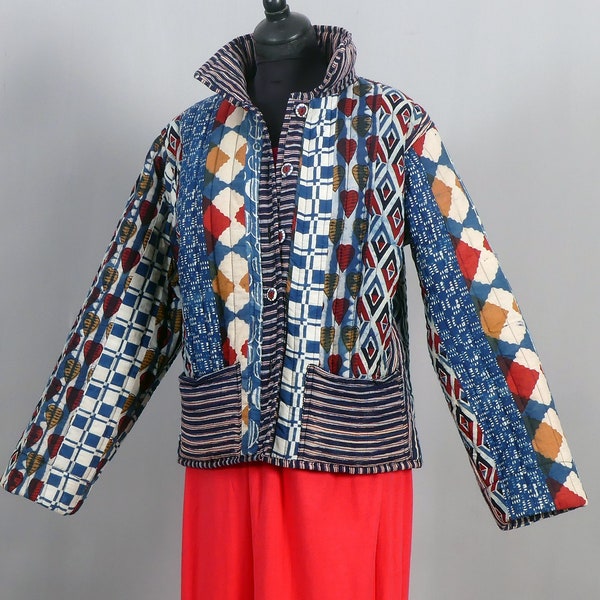 VESTE polaire COURTE Veste femme en patchwork de coton bleu et blanc Veste doublée boutonnée sur le devant Veste mi-saison femme