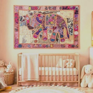 Handgefertigter Elefanten-Wandbehang, indischer Patchwork-Wandteppich, Boho-Stickerei, farbenfrohe Stoffwanddekoration Nr. 34