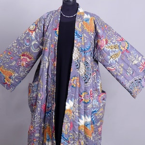 47 Printed cotton QUILTED DRESSING GOWN plain lined kimono robe padded grey robe big size dressing gown unisex image 7