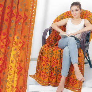 Large table runner, tablecloth, curtain in organza fabric embroidered with wool thread, lined with plain lightweight  ORANGE   voile