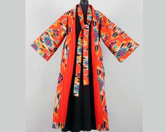 Robe de chambre matelassée en coton imprimé robe kimono doublée unie robe rembourrée robe de chambre grande taille motif ikat unisexe,Red