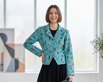 Türkisfarbene Yoga-Jacke aus Baumwoll-Canvas mit Print – Handgefertigter Blazer mit Knopfleiste, künstlerische Freizeitjacke, leichtes Boho-Top