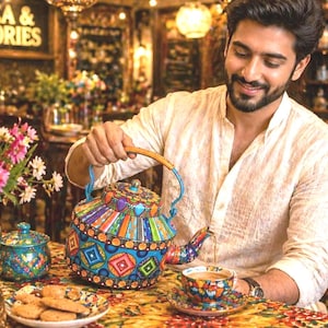 May include: A colorful, hand-painted teapot with a matching teacup and saucer. The teapot has a blue body with geometric patterns in orange, purple, and green. A plate of cookies and a small turquoise jar are also on the table. The words "TEA & STORIES" are visible in the background.