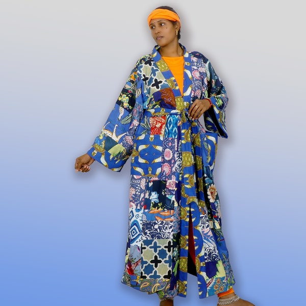 LONG KIMONO Kimono robe de chambre pour homme ou femme toute  taille en patchwork de coton bleu  doublé uni