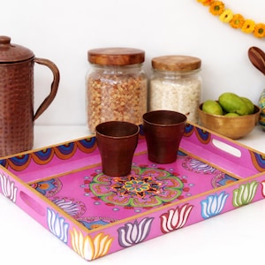Rectangular tray in painted wood  geometry style  with recessed Decorative tray Coffee Table Tray bohemian decor tray tray painted