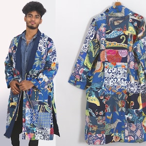 Summer COAT Blue and multicolor in cotton patchwork for women or men kimono robe blue coat,blue