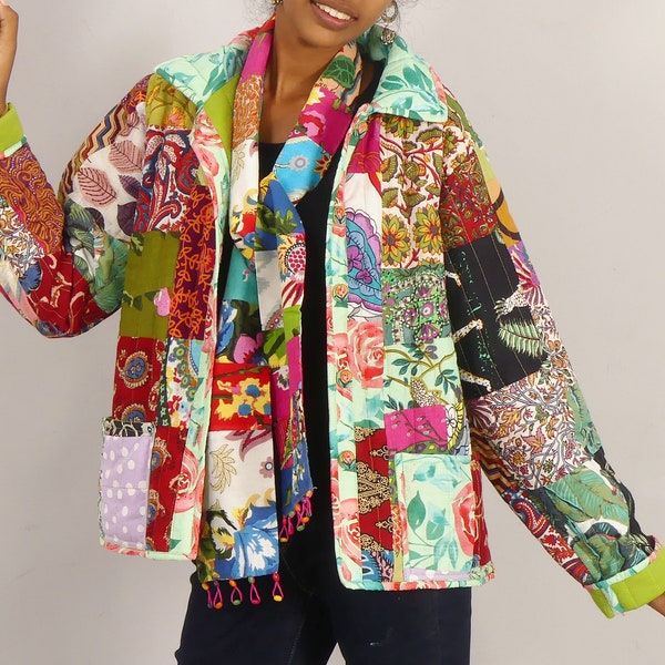 VESTE COURTE molletonnée Veste femme en patchwork de coton MULTICOLORE Veste doublée boutonnée sur le devant Veste mi-saison,multi