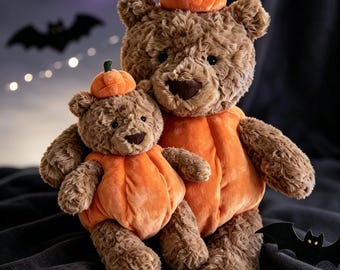 Traje de Halloween hecho a mano para oso Bartholomew, ropa de calabaza para conejito Basful, para peluches