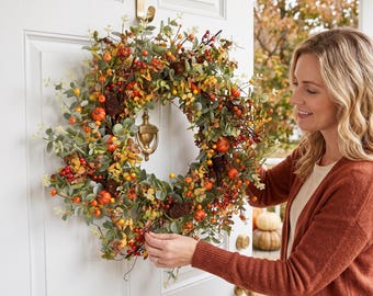 Corona de otoño para Halloween para la puerta principal, corona de Acción de Gracias, corona de rosas y calabazas de otoño, adorno de puerta de estilo rústico para otoño, regalo de inauguración de casa