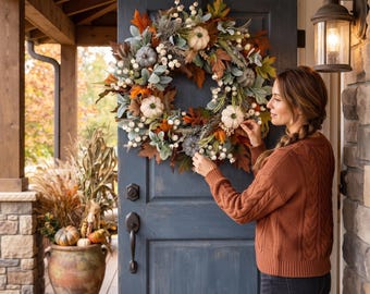 Fall Pumpkin Wreath for Front Door, Thanksgiving Harvest Door Decor, Farmhouse Autumn Porch Wreath, Rustic Thanksgiving Decor, Custom Size