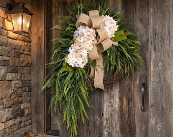 Corona de hortensias otoñales para la puerta principal, corona de follaje campestre, adorno de puerta otoñal con lazo de arpillera, decoración rústica para el porche, tamaño personalizado.