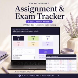 May include: A digital assignment and exam tracker Excel spreadsheet displayed on a laptop screen. The interface features a dashboard with task status counters, a completion percentage, and a detailed table view showing task lists with due dates.