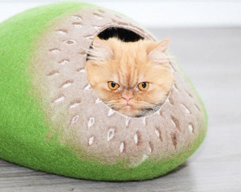 Cat bed, felted cats cave, wool pets house green brown