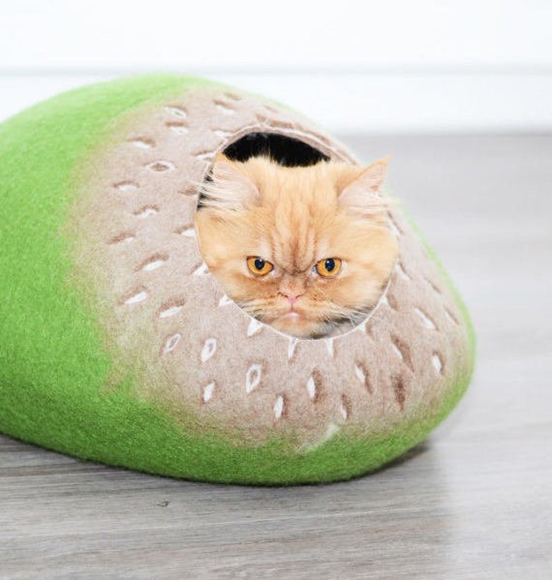 Cat bed, felted cats cave, wool pets house green brown image 1