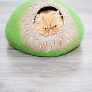 Cat bed, felted cats cave, wool pets house green brown image 3