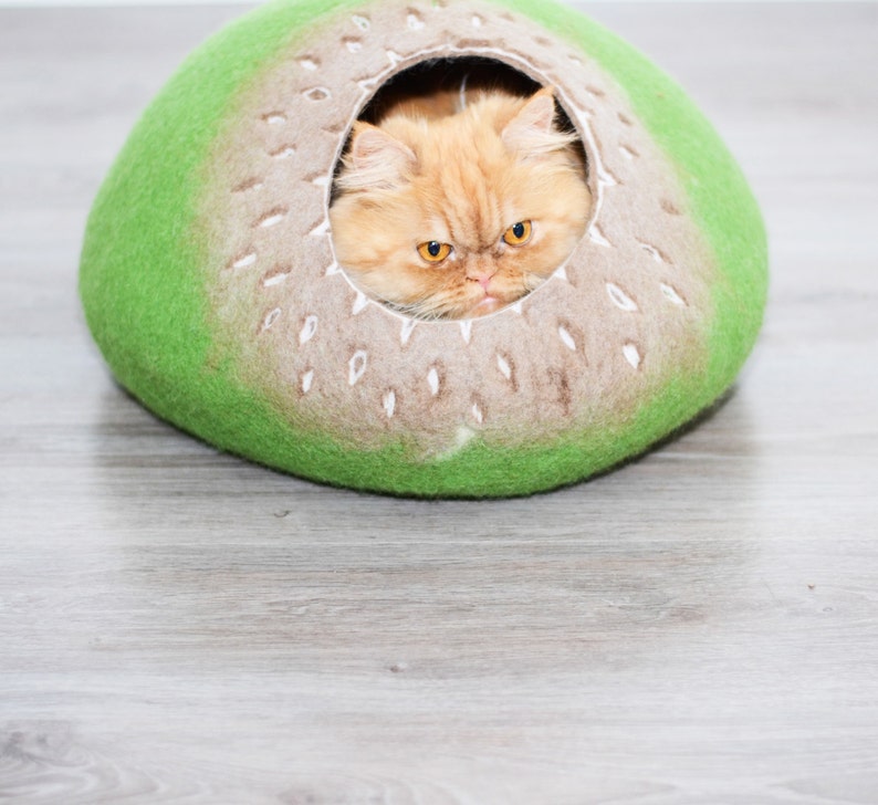 Cat bed, felted cats cave, wool pets house green brown image 3