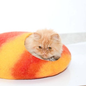 Cat bed, orange yellow red, felted cat bed, pets cave, cat house