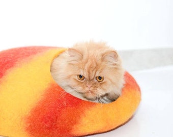 Cat bed, orange yellow red, felted cat bed, pets cave, cat house