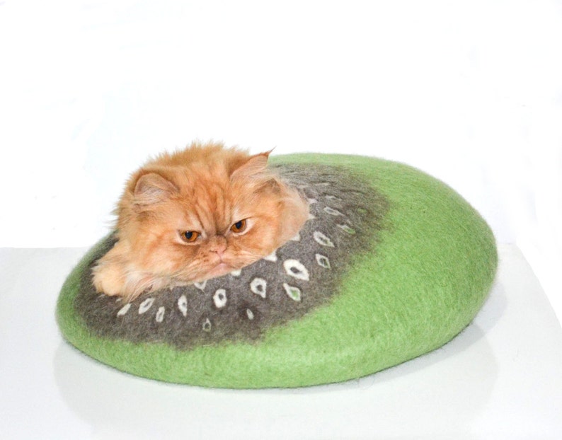 Cat bed, felted cats cave, wool pets house green brown image 2