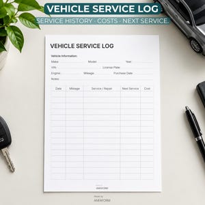Puede incluir: Un formulario de registro de servicio de vehículo en papel blanco con texto y líneas de cuadrícula en negro. El encabezado dice VEHICLE SERVICE LOG, seguido de secciones para información del vehículo y una tabla para fecha, kilometraje y costos.