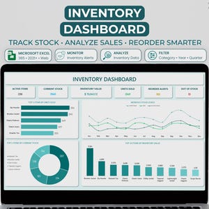 Puede incluir: Un panel de control de inventario digital en la pantalla de una computadora portátil, con gráficos y tablas de datos en color verde azulado y blanco. El texto incluye INVENTORY DASHBOARD, TRACK STOCK, ANALYZE SALES, REORDER SMARTER y etiquetas.