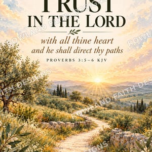 Puede incluir: Una impresión digital que muestra un paisaje con un camino de piedra que serpentea a través de una colina cubierta de hierba al amanecer. El texto dice: TRUST IN THE LORD with all thine heart and he shall direct thy paths PROVERBS 3:5-6 KJV.
