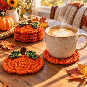 Puede incluir: Una pila de cuatro posavasos de ganchillo naranja con forma de calabaza, hojas verdes y tallo marrón, además de un posavasos individual que sostiene una taza de cerámica con un café latte y arte de espuma en forma de corazón.