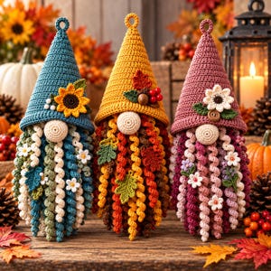 Puede incluir: Tres gnomos de ganchillo hechos a mano con sombreros altos y puntiagudos. El gnomo de la izquierda tiene un sombrero azul con un girasol, el central uno amarillo con hojas y bayas, y el de la derecha uno malva con una flor blanca y un botón.