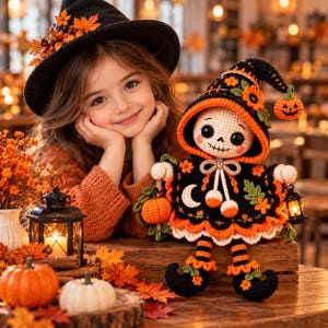 Skeleton Doll Crochet Pattern, Halloween Witch Amigurumi PDF, Cute Spooky Doll for Crafters, Detailed Autumn Goth Room Decor