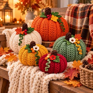 May include: A collection of five crocheted pumpkins in orange, cream, yellow, green, and red. Each pumpkin features a brown textured stem, green crocheted leaves, small berries, and a curly vine. Some pumpkins are accented with small white or red flowers.