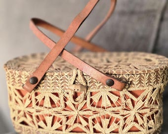 Vintage 1960s Tenerife Pine Needle Woven Basket Purse with Orange Lining